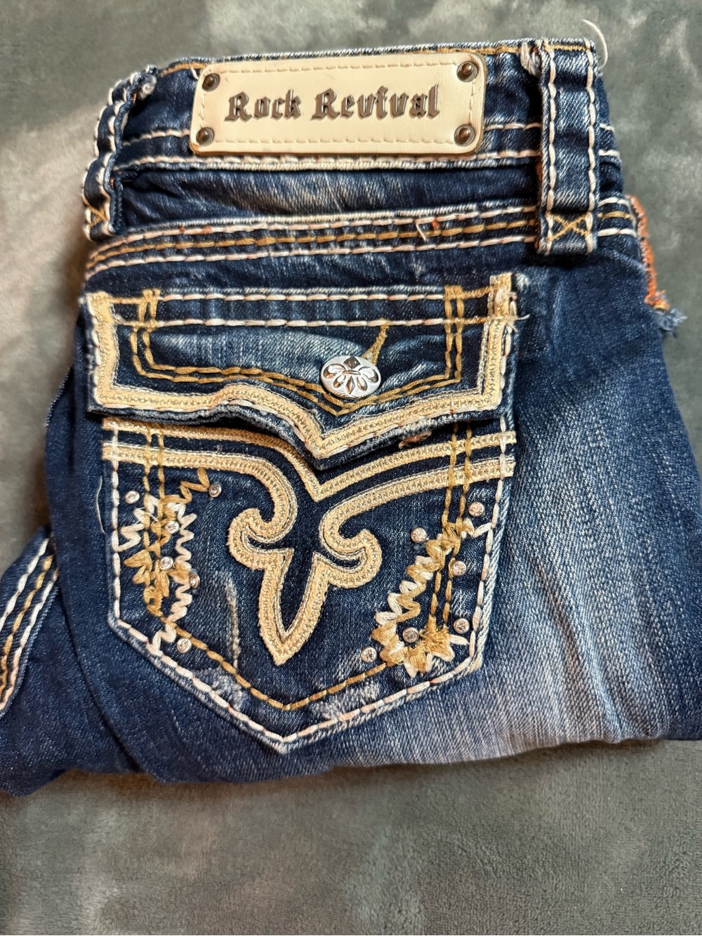 Rock Revival Dark Blue Bootcut Jeans with Tan Embroidery - Capris
